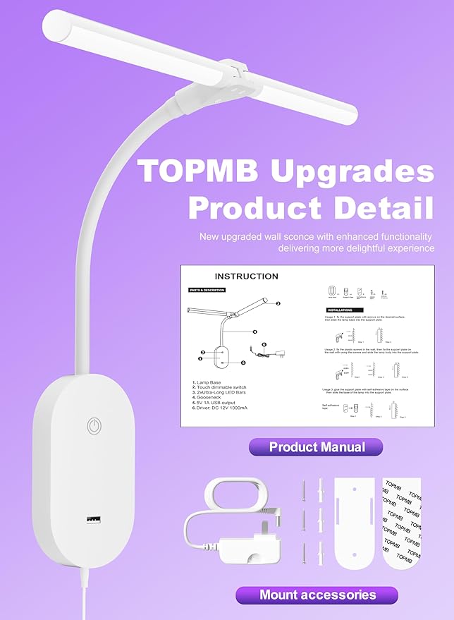 Wall Mounted Reading Light, Book Lights with 2 Heads Ultra Long LED Bars, Bedside Reading Lamps for USB Output, Bright 5 Dimmable with 360° Gooseneck 4 Hour Auto Off Bed Headboard Lights