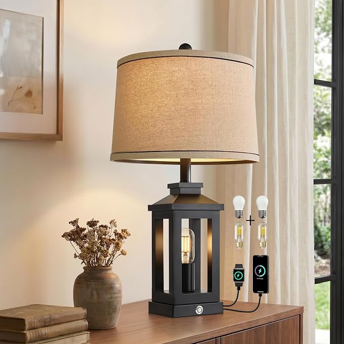 G-SAFAVA 23.75" Retro Farmhouse Black Table Lamp for Living Room Bedroom Nightstand Single Pack Touch Control Bedside Nightlight Vintage Modern Lamp with USB C+A Ports and 2 Light Sources