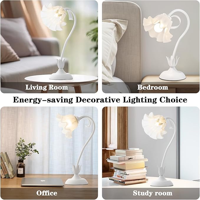 Flower Table Lamp, LED Reading Light Vintage Bedside Table Lamp with 3 Color Modes for Nightstand, Kawaii Decoration for Home Bedroom Living Room (White)
