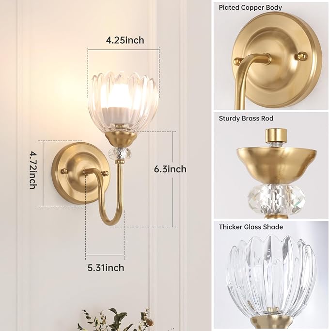 Set of 2 Vintage Battery Operated Wall Sconce, Rechargeable Wall Lamp with 5000mAh Battery & Remote Control, Dimmable Wall Lights with tulip shade for Bedroom Living Room(Tulip Transparent Up)