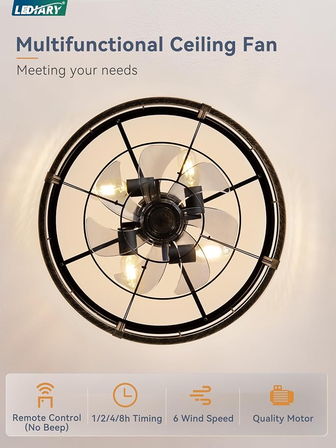 LEDIARY 20 inch Fandelier Caged Ceiling Fan with Light, Black Gold | 6 Speed Adjustable,Timing, Quiet & Powerful DC, Small, Farmhouse, Industrial, Enclosed, Bladeless, Bedroom, Kitchen, Downrod