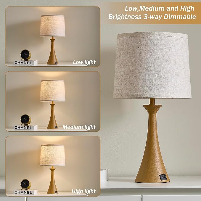 Touch Lamp for Living Room Bedroom, 21" Table Lamps Set of 2 with USB C+A Ports and Oatmeal Lamp Shades, Touch Bedside Lamps for Nightstand with 3 Way Dimmable, 2 LED Bulbs Included, Wood Grain