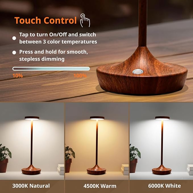 2 Pack Cordless Table Lamps, Rechargeable 6000mAh, 72H Runtime, Waterproof | Stepless Touch Dimming with 3 Color Modes & Memory Function, Portable for Outdoor/Patio/Restaurant. (Woodgrain)
