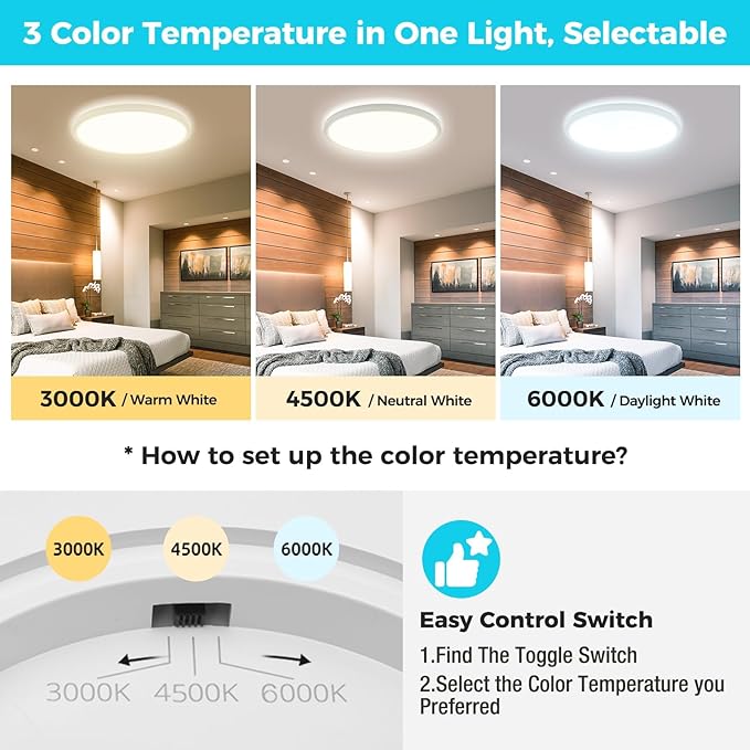 libtit 23 Inch Led Flush Mount Ceiling Light Fixtures,5600lm 56W 3 Color 3000K 4500K 6000K Selectable, Low Profile Thin Surface Mount Lighting Fixture for Bathroom Kitchen Office (White)