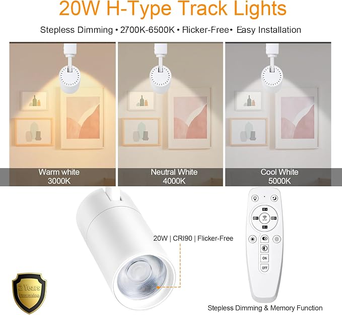White 20W Track Lighting Heads,2700K-6500K Stepless Dimming H Type LED Track Light Heads Dimmable Rail Ceiling Spotlight Fixtures Accent,CRI90+ 24° 1800LM,6 Pack