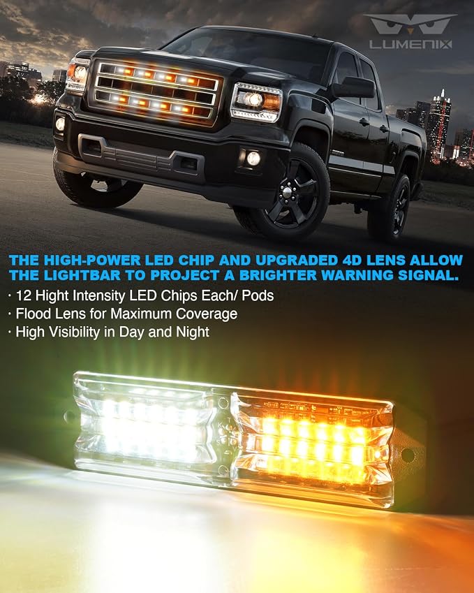 LUMENIX Grille Strobe Lights Kits for Trucks w/Controller, 8PCs High-Intensity LED Deck | Surface Mount Emergency Construction Vehicles Snowplow Towing Side Marker Flashing Warning Light- White Amber