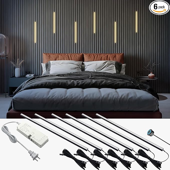 HAMRVL 6pcs 16-Inch DC12V Black 3000K Warm White LED Wall Panel Lights, Self-Adhesive Dimmable Touch Switch Slat Wall Lights Strip for Wood Slat Wall Panels, Media Acoustic Panel, Bedroom Headboard