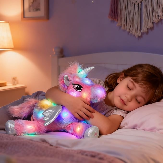 Hopearl Colorful LED Plush Unicorn Light up Stuffed Animal Floppy Night Lights Glow in The Dark Birthday Festival for Kids Toddler Girls, Rainbow, 16''