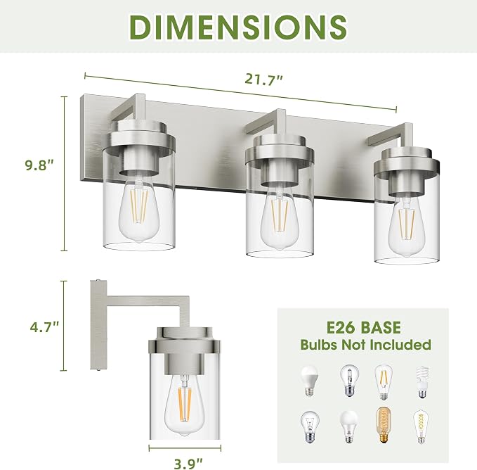 Bathroom Lighting Fixtures, 3-Light Bathroom Vanity Lights Over Mirror, Brushed Nickel Vanity Light with Glass Shade, Modern Vanity Lighting Fixtures for Bathroom, Bedroom, Hallway