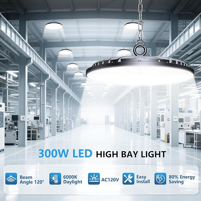 AIKVSXER 1 Pack LED Shop Lights, 300W 45000LM UFO LED High Bay Light | Warehouse Lights with 5' Cable US Plug, 6000K Daylight IP65 Waterproof LED Garage Lights, Commercial Bay Lighting