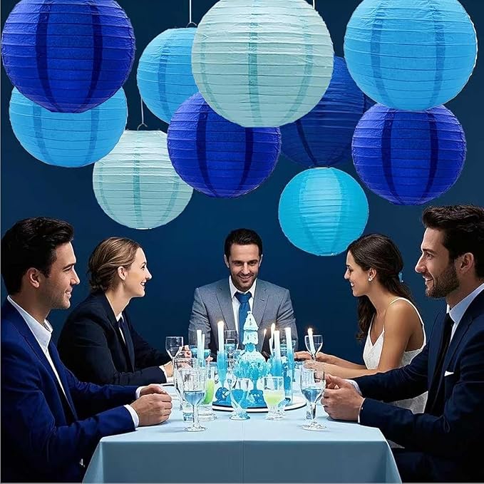 Blue Paper Lanterns 8-Pack, 6-12 inch Mixed Sizes Hanging Party Decor for Wedding Birthday Christmas