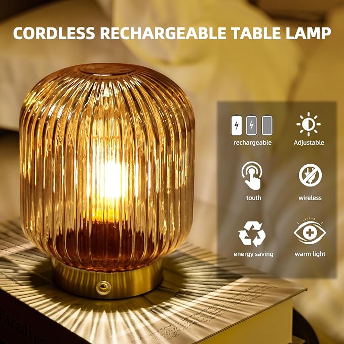 MJ PREMIER Rechargeable Table Lamp, Yellow Glass Lamp with Memory Function, Small Cordless LED Lamp with Dimmable Brightness, Decorative Touch Lamps for Bedroom Living Room (Yellow)
