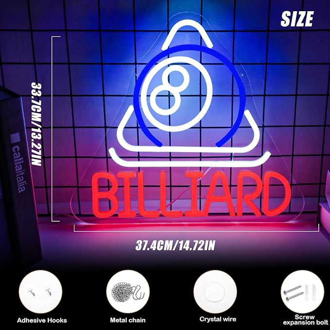 Billiard Neon Sign Pool Table Wall Decor LED Lights for Pool Room Decor | Dimmable USB Powered LED Sign for Bar Man Cave Club Pub Basement Arcade Room Decoration Billiards Lover Pool Hall Wall Decor