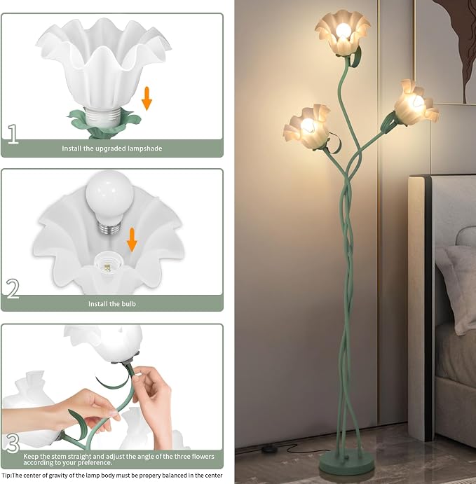 Flower Floor Lamp for Living Room, Tall Flower Reading lamp with Flexible Neck Shaft for Bedroom Decor, Modern Corner Floor Lamps with 3-Color Temperatures LED Bulb