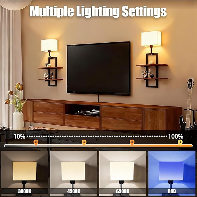 Set of 2 Battery Operated Wall Sconce with 2-Tier Shelf, Remote Wireless Rechargeable Dimmable Wall Lights with Floating Shelves, Wall Lamps for Bedroom Living Room Hallway Bathroom Decor