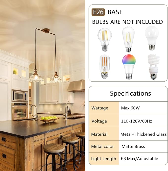 HDDFL Vintage 2 Light Pendant Light Fixtures Modern Glass Hanging Lamps with Adjustable Cord for Kitchen Island Dining Room Living Room Hallway