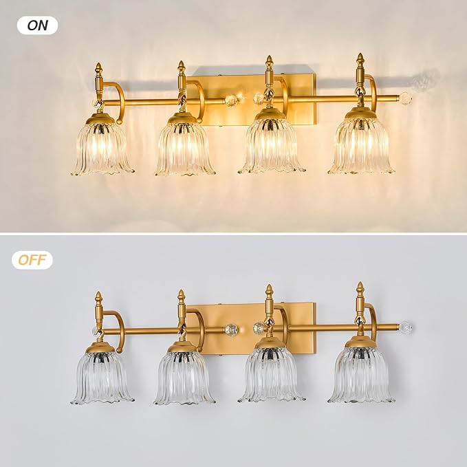 CVKASH 4-Light Bathroom Vanity Light Fixtures Over Mirror,Brushed Gold Modern Vanity Lights with Glass Shade Vintage Wall Sconce for Bedroom Dressing Room Living Room Hallway Cabinet