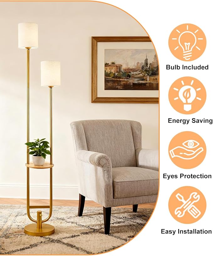 Lightdot 63Inch Floor Lamp Dimmable Gold Floor Lamp with 5Lbs Heavy Base for Living Room 2-Light Mid Century Modern Tall Standing Lamp with Table for Bedroom/Sofa Beside/Corner Decor(Bulbs Included)