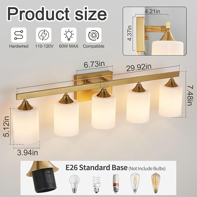 ZHU YAN Gold Vanity Lights for Bathroom, 5-Light Bathroom Vanity Light Fixtures, Milky White Glass Shades Wall Lamp,E26 Socket, for Mirror Living Room Bedroom Standard