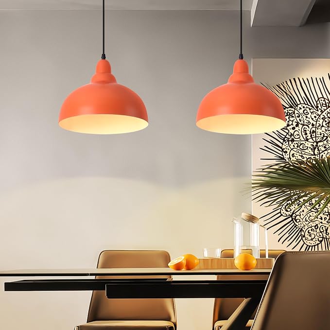 2 Pack 11.8" Orange Mid Modern Century Pendant Light ,MCM Orange Hanging Pendant Lights,Light Kitchen Island Dome Pendant Light, Modern Pendant Lights Dome Chandelier for Kitchen Island Dining Room