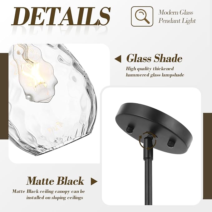 Black Pendant Lights Kitchen Island 2 Pack, Modern Glass Pendant Light Fixtures with Hammered Glass and Rods, Adjustable Small Hanging Light for Kitchen Sink Dining Room Bathroom