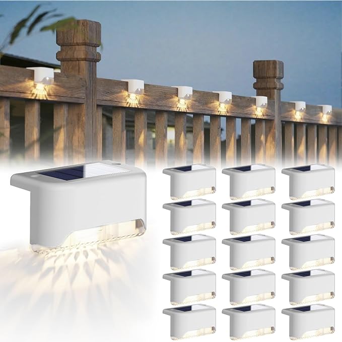 JACKYLED Solar Deck Lights 16 Pack Solar Fence Light Solar Powered Outdoor Step Light IP65 Waterproof LED Pathway Light for Deck Fence Railing Garden Patio StairYard, White