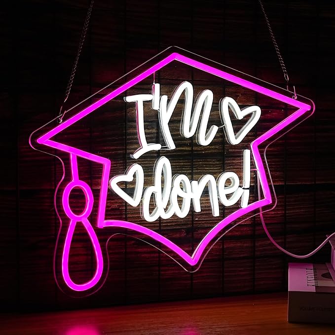 I’m Done Neon Sign LED Bachelor's Cap Light Sign Dimmable Graduation Decor Neon Light USB Powered Congrats Neon Light for Commencement School Graduation Party Wall Decor(16.5 * 12.6 In)