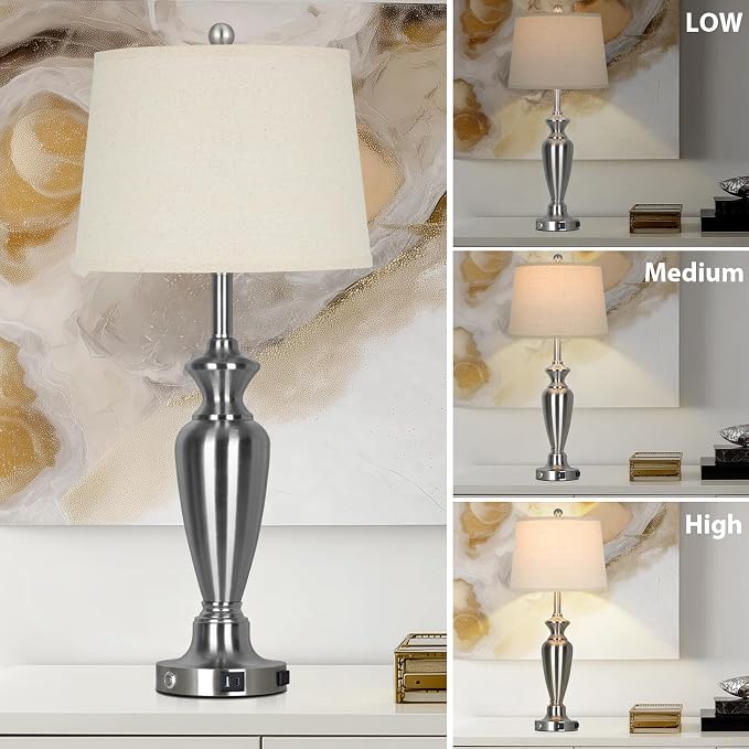 Cinyirong 30" Tall Silver Table Lamps Set of 2 for Living Room, 3-Way Dimmable Touch Control Bedside Lamps for Bedroom Nightstand with USB A+C Ports & AC Outlet (2 LED Bulbs Included)