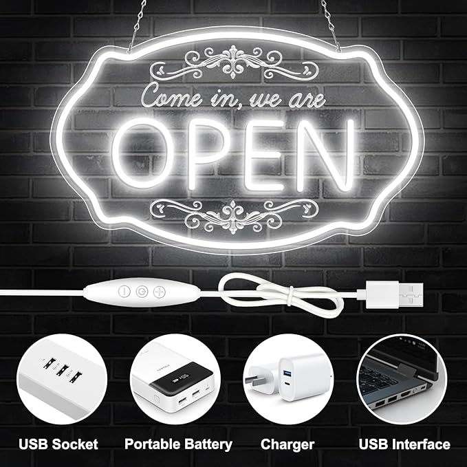 LED Neon Open Sign for Business, 16.5x10'' Come in We’re Open Sign, Daylight White Adjustable Brightness Neon Lights for Party, Bar, Salon, Stores, Hotel, Wall Decor, Clubs, Hotels