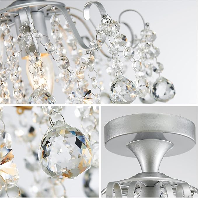 WUZUPS Crystal Chandelier Flushmount Ceiling Light Modern Lighting Fixture for Bedroom Hallway Bar Kitchen Bathroom, H 13.4" x W 12.6", E26 Base, Silver
