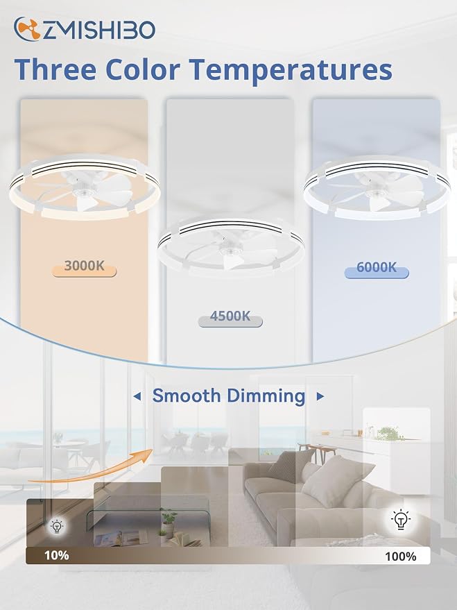 ZMISHIBO Low Profile Ceiling Fans with Lights and Remote, 24 “ White | 3000K-6000K Dimmable Fandelier LED, Flush Mount, 6 Wind Speeds, Reversible, Timer, Bedroom, Living Room, Kitchen, Kids Room