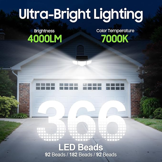 Solar Lights Outdoor Waterproof, 4000LM Solar Flood Lights with Dual PIR & Curved 300° Wide Beam, Larger 3500mAh Adjustable Solar Security Spot Lights for Yard-1Pack Black