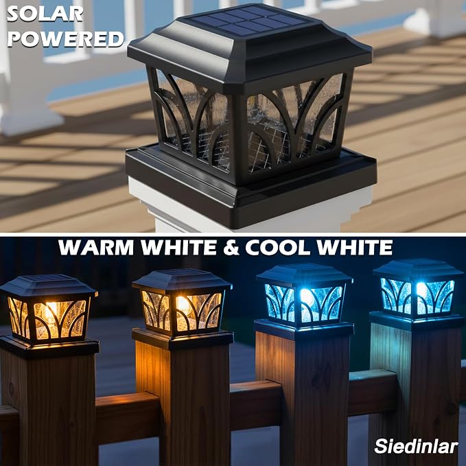 SIEDiNLAR Solar Post Cap Lights Outdoor, Aluminum Glass 2 Modes 20 Lumens Edison LED Bulbs for 4x4 5x5 6x6 Vinyl/Wooden Posts Fence Deck Patio Decor, Warm White/Cool White Lighting 1 Pack (Black)