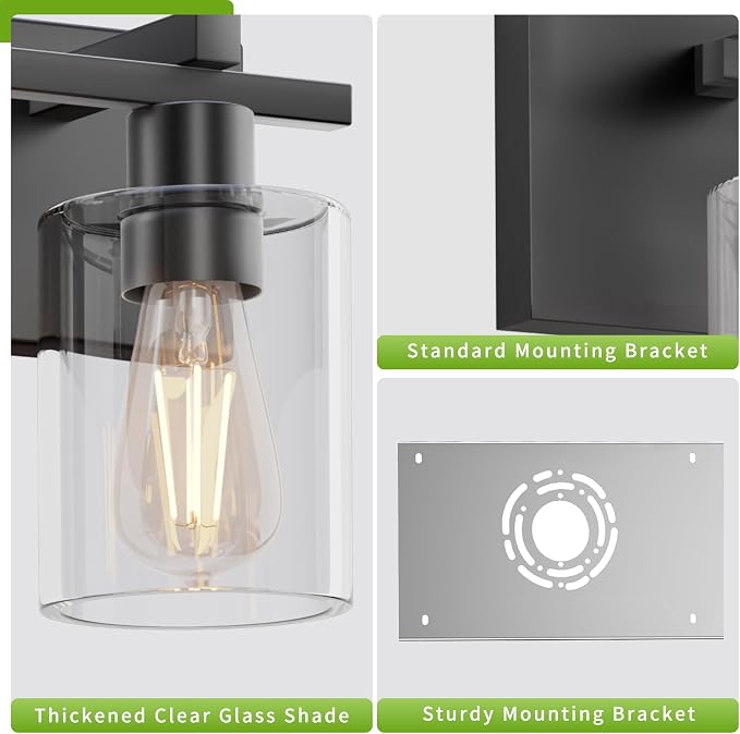 2-Light 13inch Matte Black Vanity Light, Thickened Clear Glass | Over Mirror for Bathroom, Rust Resistant, E26 Base, Easy Install, Removable Glass Shade Horizontal Mount, Dimmable