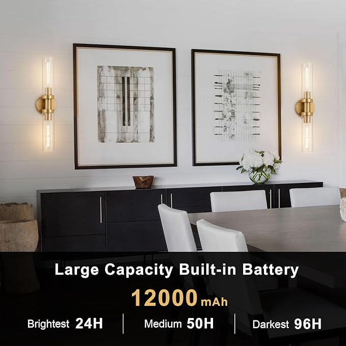 Gold Battery Operated Wall Sconce Set of 2, 12000mAh Rechargeable Wall Lights with Remote Control, Wireless Dimmable Wall Lamps for Bedroom Living Room Bathroom Hallway Stairwell
