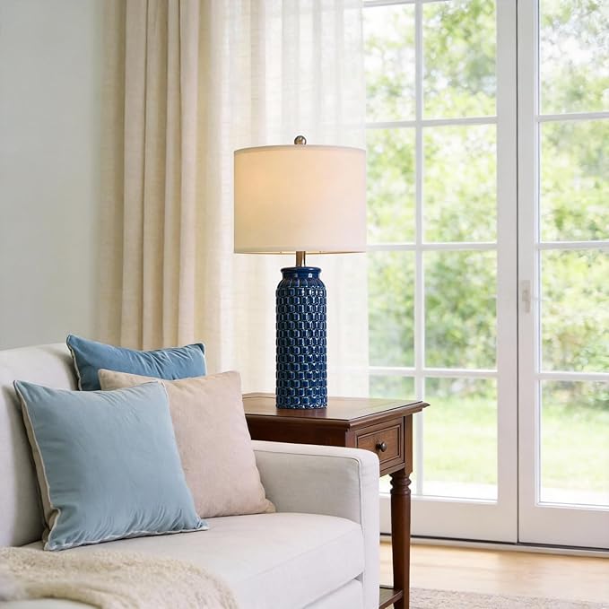 USumkky 27" Ceramic Table Lamps Set of 2 - Modern Farmhouse & Boho Style, Bedside Nightstand Lamps for Bedroom, Living Room End Table Lamps, Small Desk Lamp(Blue)