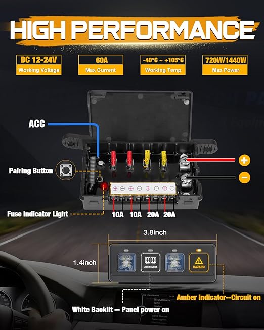 Wireless 4 Gang Switch Panel, Niking Auto Multifunction Offroad LED Switch Pods with Toggle Pulse Auxiliary Universal Circuit Control 12V Relay System Control Box for Trucks SUV UTV Car Boat RV Marine