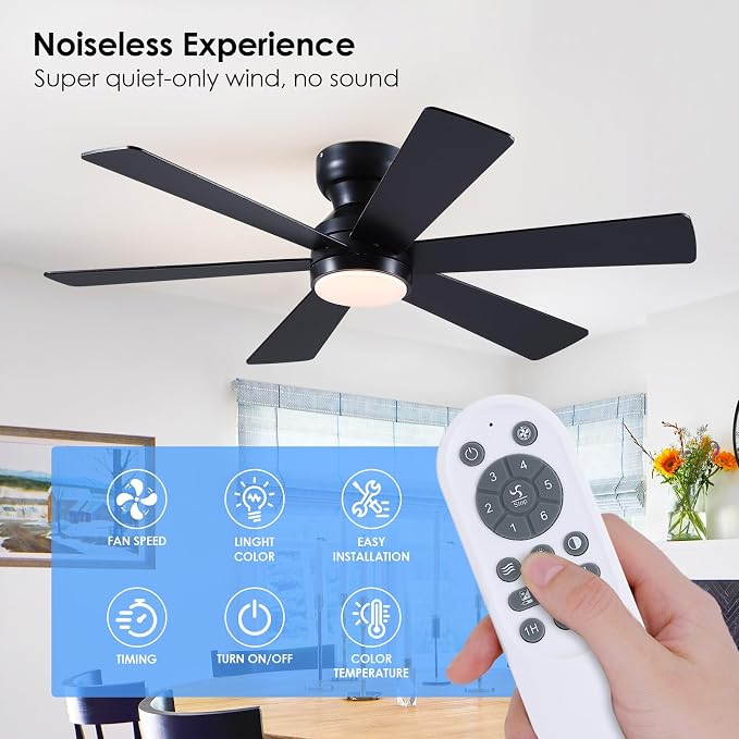 Asyko 46"Black 6-Blade Modern Low Profile Ceiling Fan with Light and Remote | 6 Double-Sided Blades,6 Wind Speeds, Reversible,Dimmable 3 CCT LED Light, 25W Quiet DC Motor,1/2H Timer,for Bedroom Kitchen
