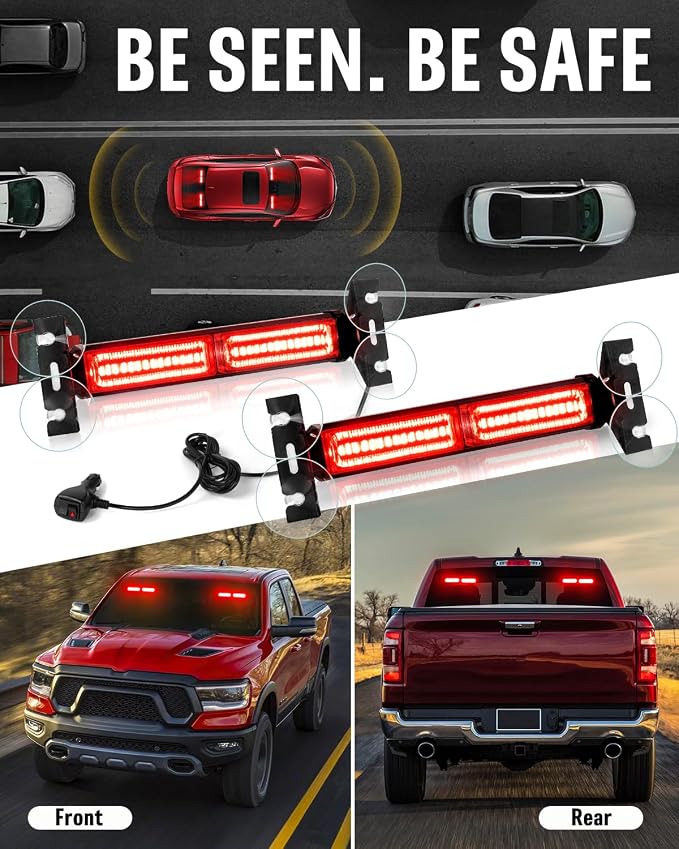 HLauto 1002L Emergency Strobe Traffic Advisor Light Bar: 40 LED Dash Safety Warning Flashing Light, Front/Rear Windshield Visor for Construction Vehicle, Tow/Plow Truck (2x10.7inch, Red)