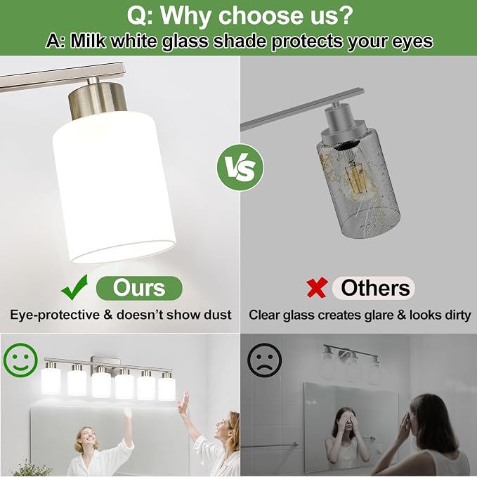Brushed Nickel Bathroom Light Fixtures with Milk Glass Shades, Eye-Friendly 6 Light Vanity Lights for Bathroom, Vanity Lights with E26 Socket (Bulbs Not Included), for Mirror, Bedroom, Hallway