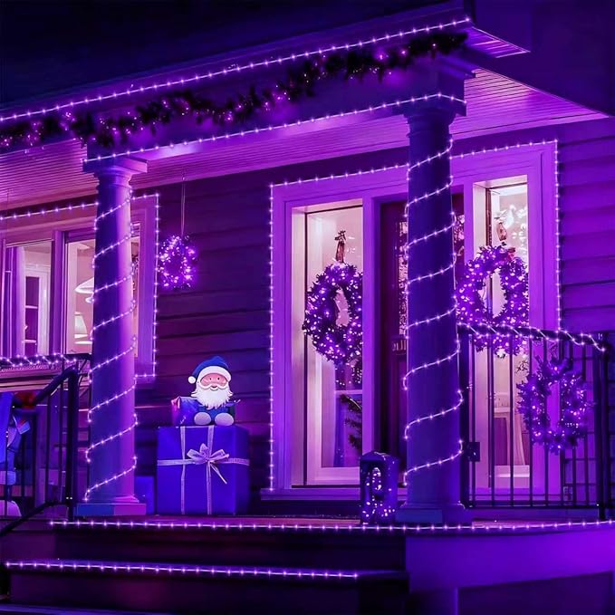 YEGUO Solar Rope Light Outdoor Waterproof, 66ft 200 LED Purple String Lights, 8 Modes Tube Christmas Lights in Clear Thin Tube