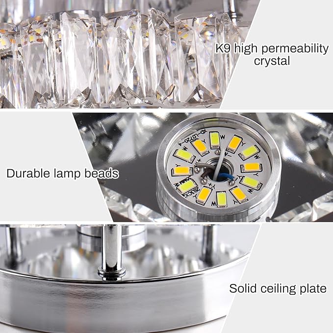 9.8" Crystal Flush Mount Ceiling Light Fixtures Modern Crystal Chandeliers Light Fixture LED Round Mini Ceiling Lamp for Kitchen 17W 6500K