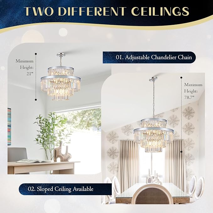 22" Modern Crystal Chandeliers 15 Lights Chrome Ceiling Pendant Light 4-Tier Luxury Round K9 Crystal Light Fixture for Living Room Dining Room Bedroom Kitchen Foyer