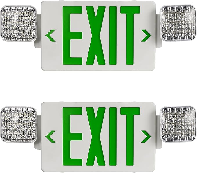 Green LED Exit Sign Emergency Light Combo, UL Listed Battery Backup | UL-listed commercial fire exit sign features 90-min battery backup, 360° rotating dual heads, and easy dual-mount setup.