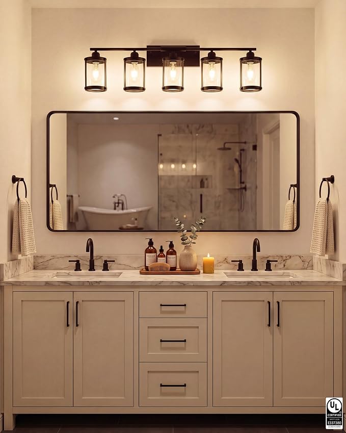 5-Light Oil Rubbed Bronze Bathroom Light Fixtures Over Mirror with Clear Glass and Metal Cage Shade, 38" UL-Listed Modern Farmhouse Wall Sconce for Bath, Hardwire E26, OS-3014ORB-5W