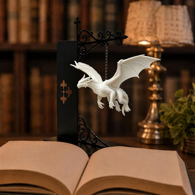 Magical Floating Dragon Bookshelf Lamp, Warm LED Dragon Night Light, Fantasy Reading Nook Decor, Unique Gift for Fantasy Lovers and Book Readers (White)