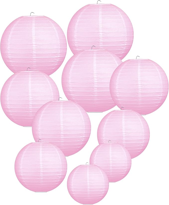 LIHAO Pink Paper Lanterns, 10 Pack, 6/8/10/12 Inch, Wedding Party Decor | Ceiling Hanging Decor, Table Centerpieces, Birthdays, Baby Shower, Parties, Events, Easy Assemblymbly