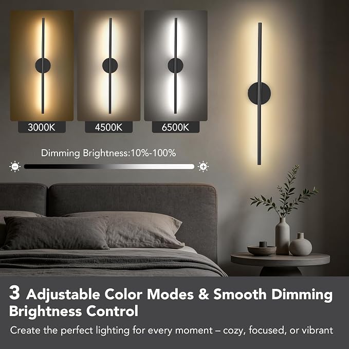 TONYFUL Battery Operated Wall Sconce Set of 2 for Bedroom, Living Room | Rechargeable, 6000mAh Dimmable Bulbs, Remote, 3000K-6500K LED Wall Lights for Bedroom, Living Room, Hallway Decor, Black