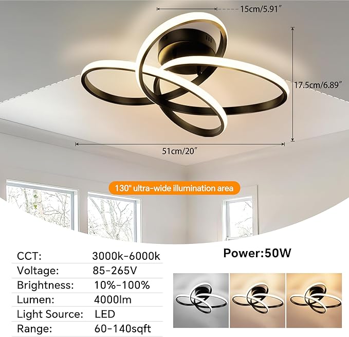 Modern LED Chandelier, 50W LED Ceiling Light with Remote Control, 3000-6000K Color Temperature Changing, Balck Chandelier for Bedroom, Entryway, Hallway, Kitchen