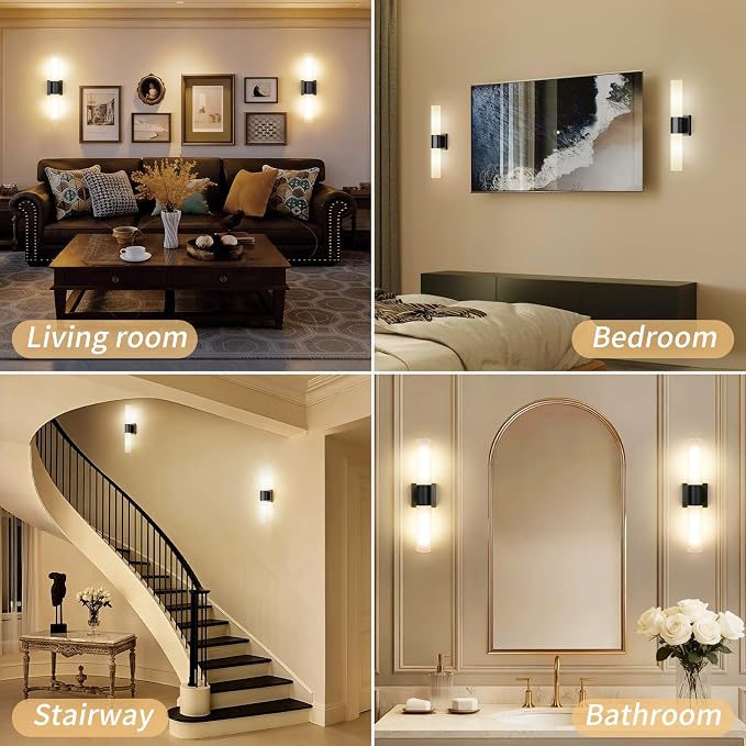 Wall Sconces Set of Two, Modern 21" Vanity, Frosted Glass, Black | Indoor Wall Light Fixture. For Bathroom, Mirror, Bedroom, Living Room, Hallway. Mounting Hardware Included. Easy To Install.